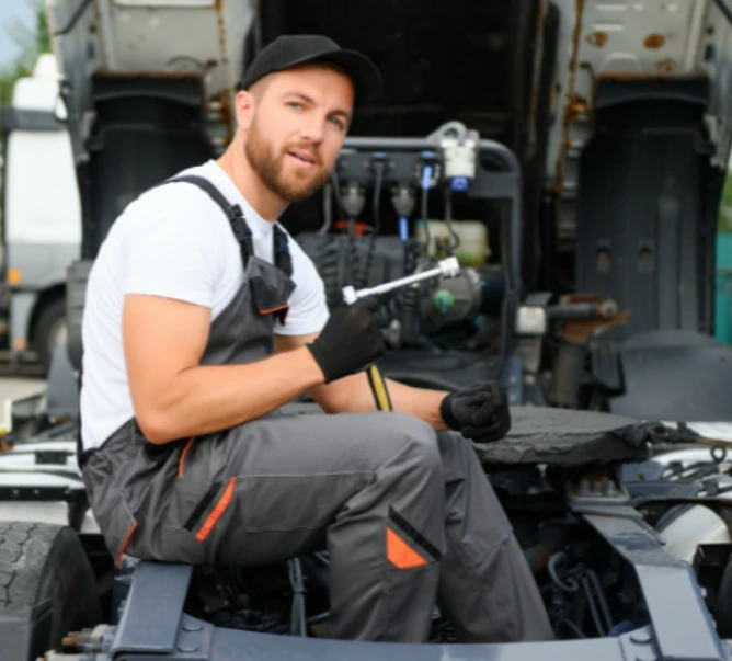Mobile truck mechanic repairing heavy-duty truck brake system in Dallas